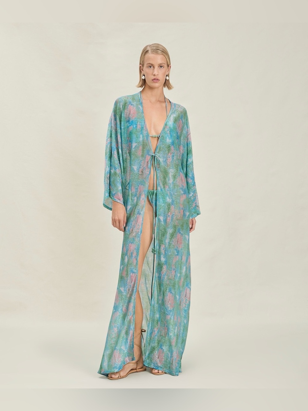DEVON WINDSOR Eva Robe Swim Coverup Aqua Multi-Color Sheer Maxi XS/S